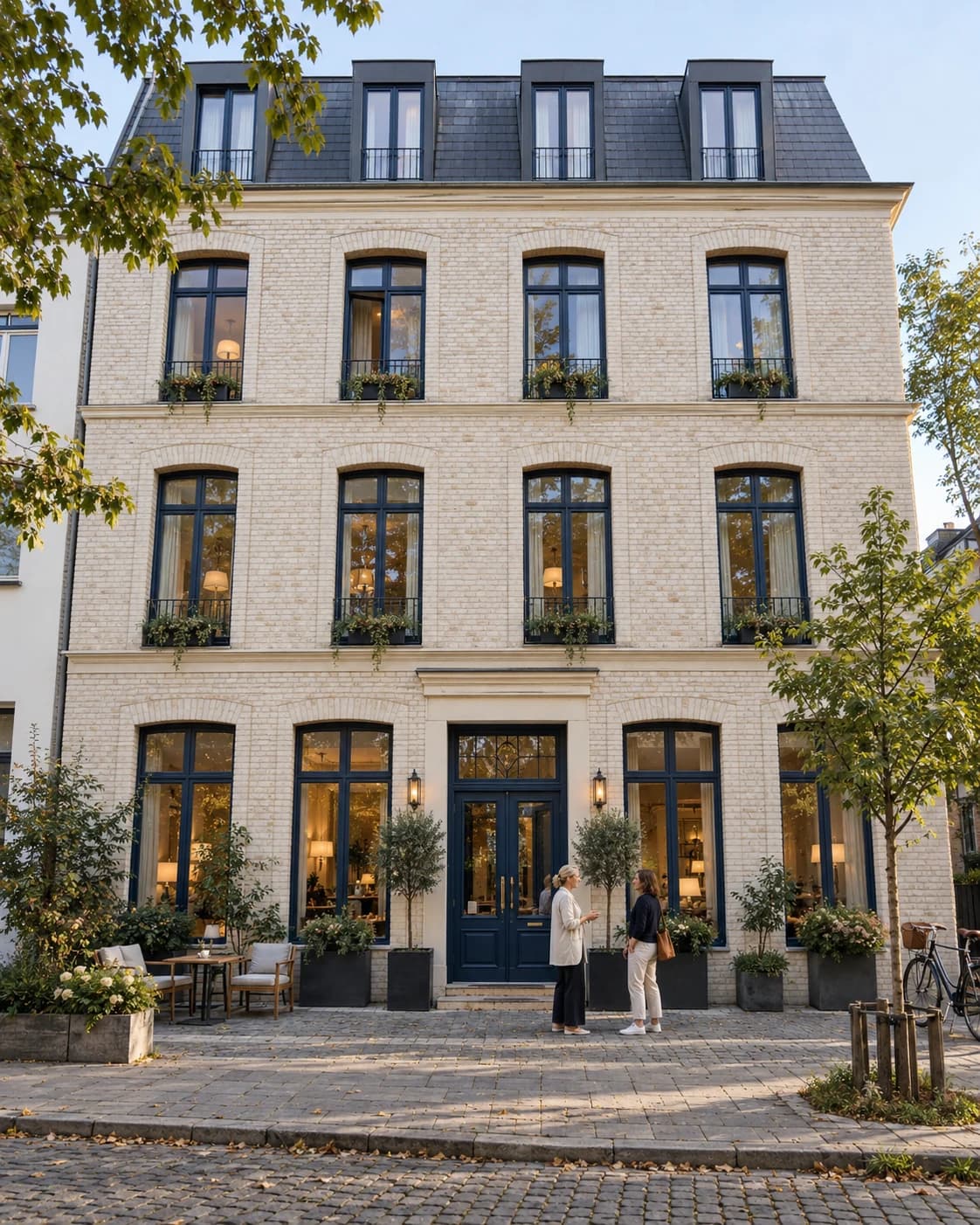 Individuelles Stadthotel mit heller Fassade; vor dem Eingang begrüßen sich zwei Personen.