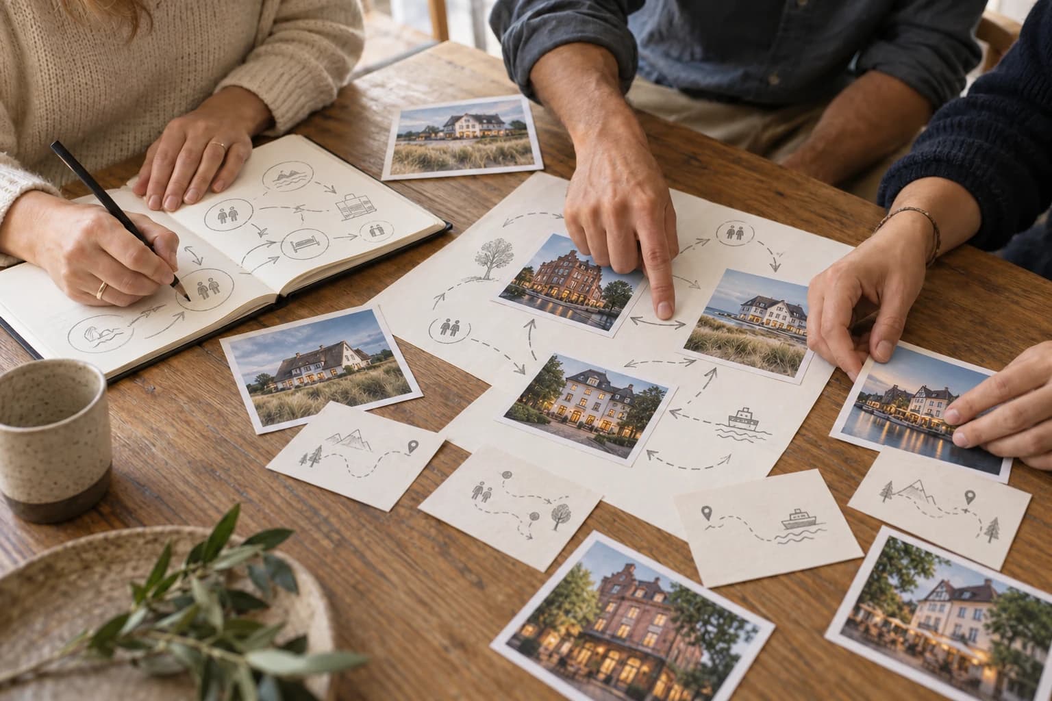 Hände arbeiten auf einem Holztisch an Skizzen, Notizen und Fotos verschiedener Hotels.