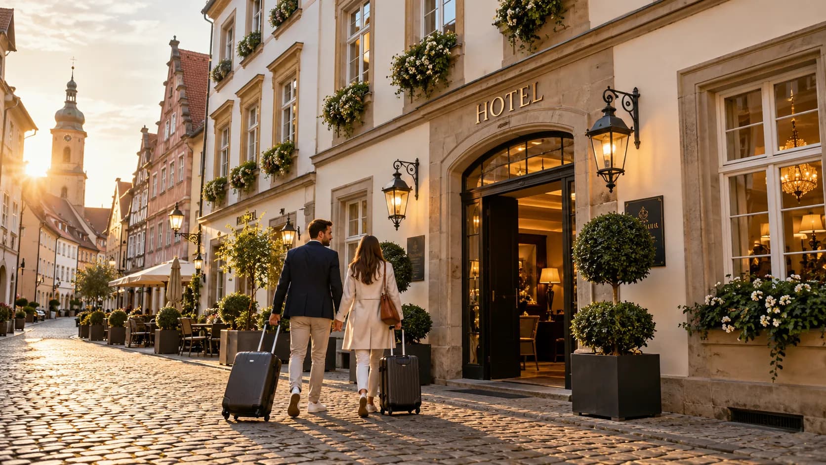 Symbolbild: Stadthotel in einer historischen Altstadt mit ankommenden Gästen (KI-generiert)