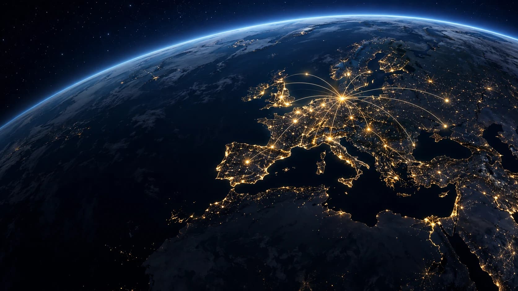 Symbolbild: Europa bei Nacht aus dem All, feine goldene Lichtlinien verbinden Städte (KI-generiert).