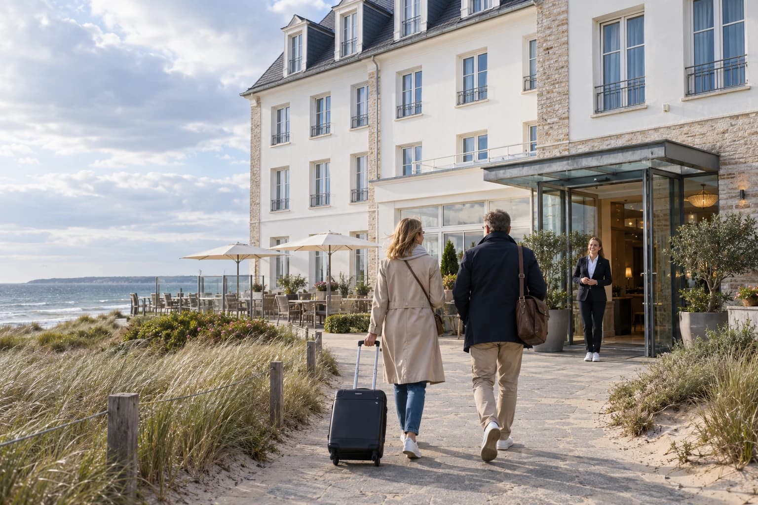 Zwei Reisende mit Gepäck kommen an einem Küstenhotel in Norddeutschland an.